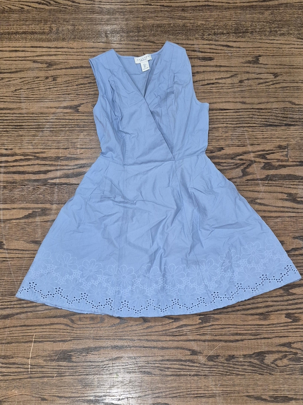 Casual Sleeveless Light Blue Eyelet Hem Dress with Pockets
